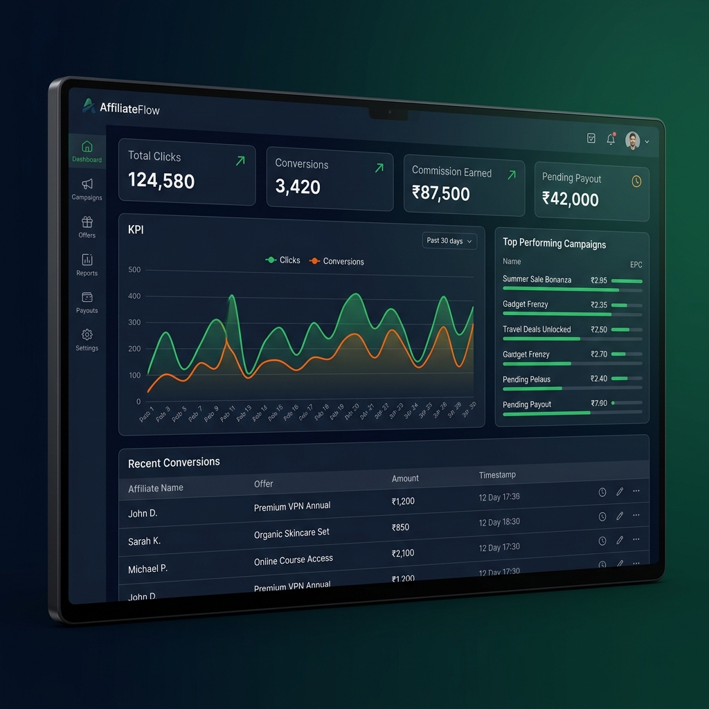 Affiliate marketing dashboard showing clicks, conversions and commissions