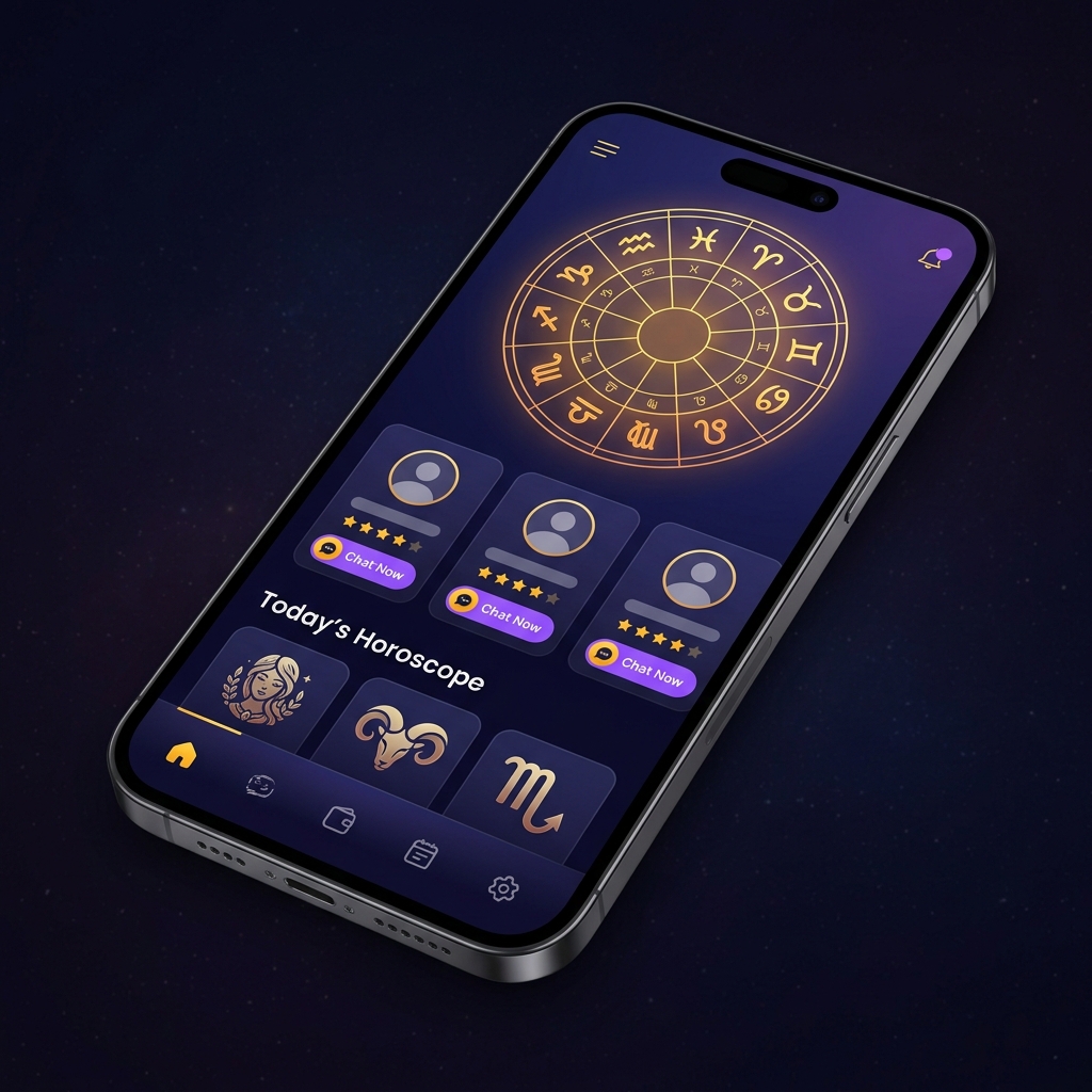Astrology app dashboard showing Kundli chart, live astrologer list and daily horoscope feed