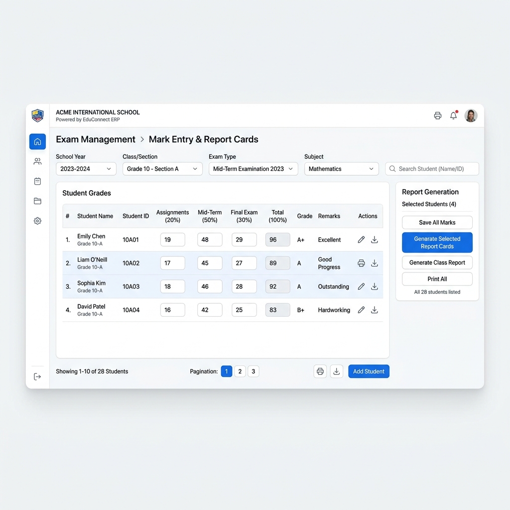 School ERP exam mark entry and printable report card generation screen