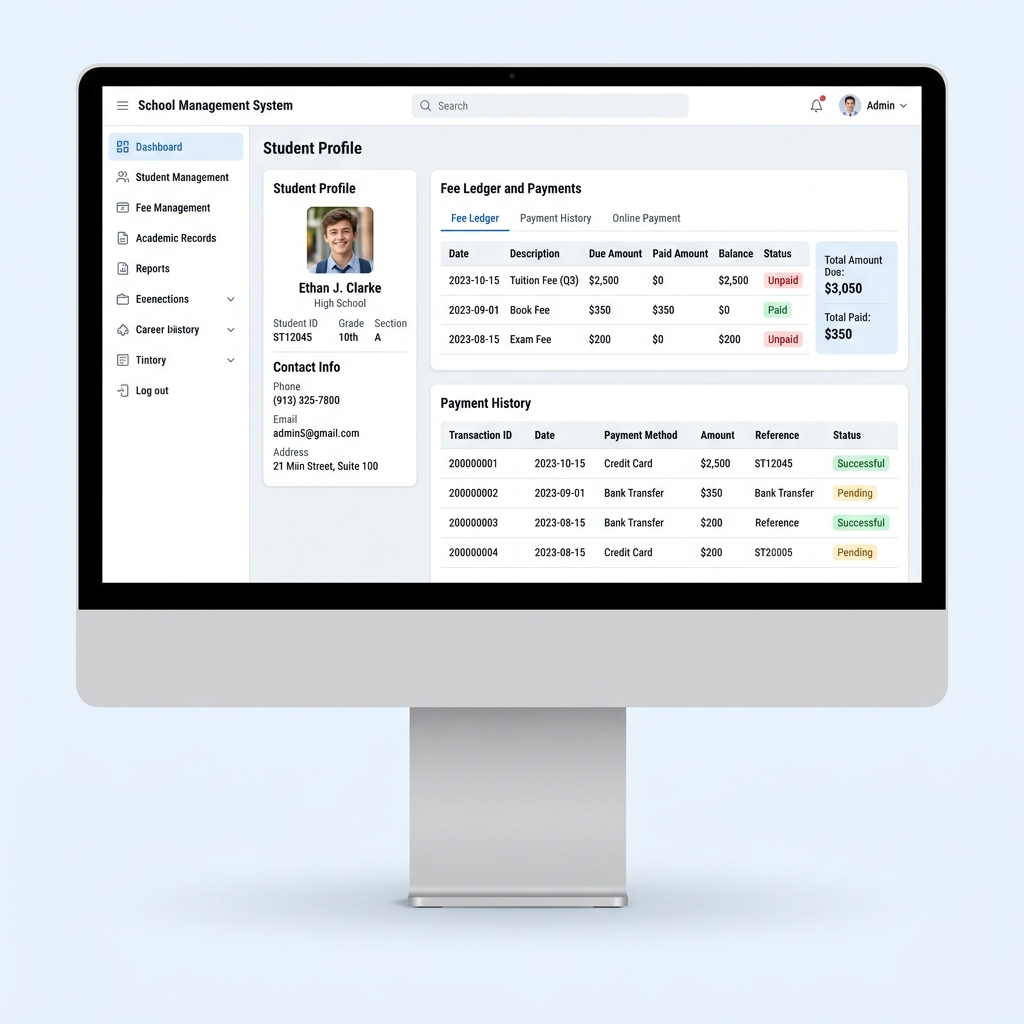 School ERP student profile and fee ledger management screen